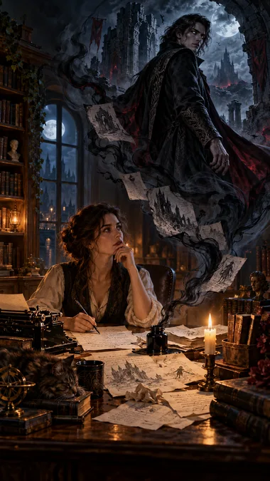 Illustration d'une romancière à son bureau la nuit, imaginant son antagoniste, une silhouette sombre émergeant de fumée et de pages manuscrites