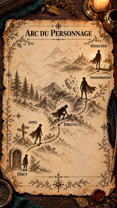Illustration façon parchemin ancien montrant le chemin d'un arc de personnage en cinq étapes : début, appel, épreuves, transformation, résolution