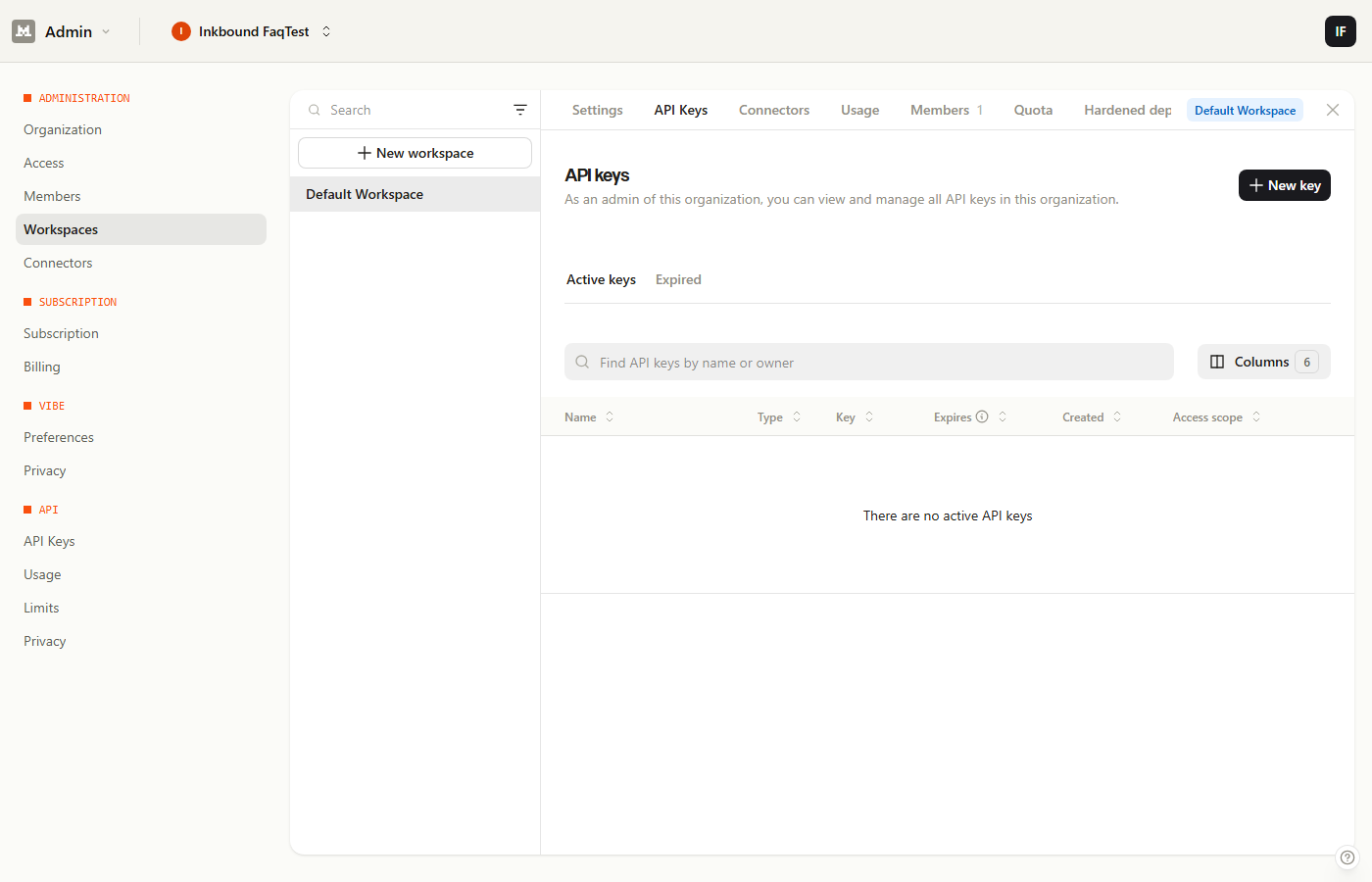 Section My API Keys sur Mistral