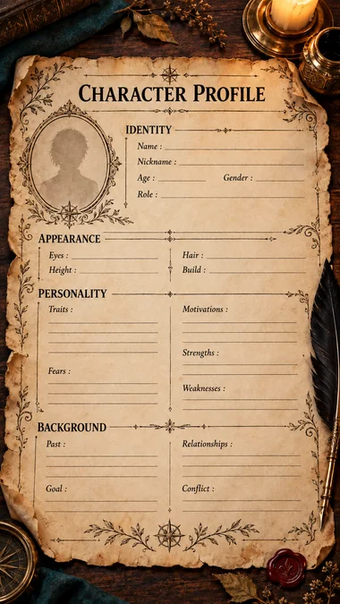 An illustrated character sheet styled like an old parchment scroll, with a portrait frame and identity, appearance, personality and background sections to fill in
