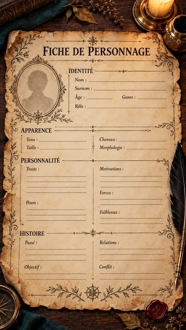 Une fiche de personnage illustrée façon parchemin ancien, avec un cadre pour le portrait et des sections identité, apparence, personnalité et histoire à remplir