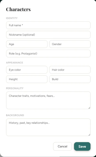 Character sheet form in Inkbound's Codex, with identity, appearance, personality and background fields