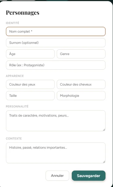 Formulaire de fiche personnage dans le Codex d'Inkbound, avec les champs identité, apparence, personnalité et contexte