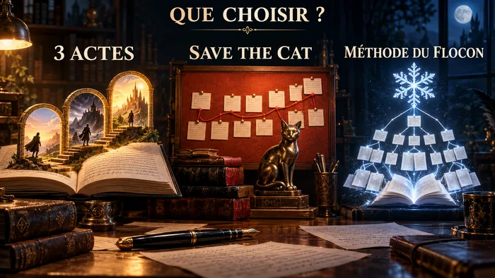 Trois façons de planifier un roman illustrées côte à côte : des portails fantastiques pour la structure en 3 actes, un tableau de fiches reliées par du fil rouge pour Save the Cat, et un flocon de neige lumineux qui se ramifie pour la méthode du flocon