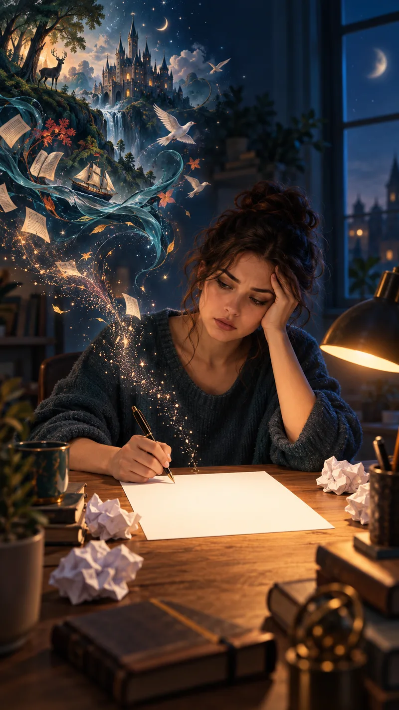 A writer frozen in front of a blank page, surrounded by crumpled paper balls, while her imagination drifts away in the background