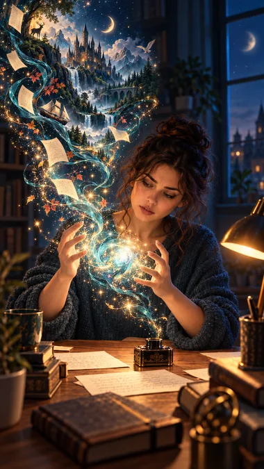 Illustration d'une romancière à son bureau la nuit, faisant jaillir de ses mains un monde fantastique miniature, châteaux, cascades et voilier, entouré de pages manuscrites