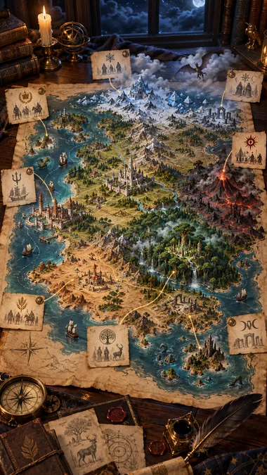 Illustration d'une carte de fantasy déployée sur un bureau d'écrivain, avec montagnes enneigées, volcan, forêt et châteaux entourés de fiches de factions